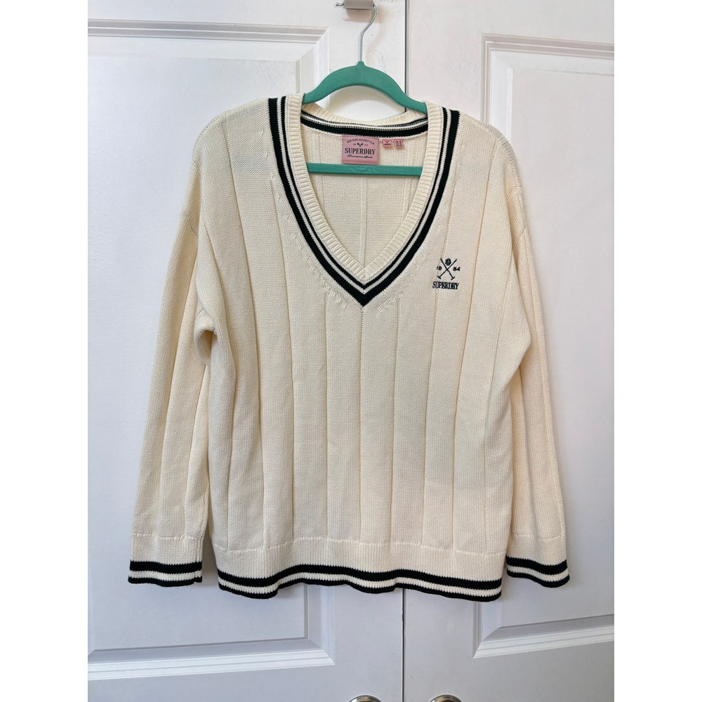 Superdry Cricket Club Jumper V-Neck Ribbed Sweater Cream Womens 10 Preppy - Picture 2 of 8